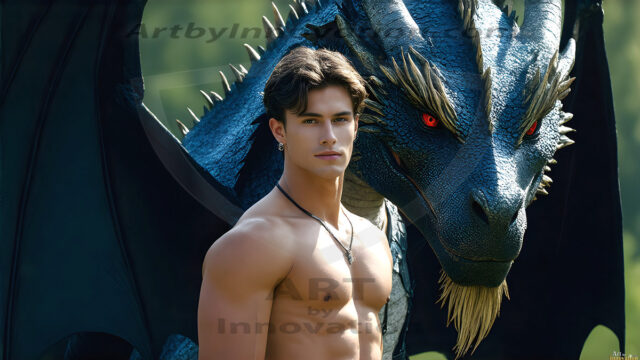 The Dragon Prince - A very attractive shirtless young male prince, with his dragon. The Dragon Prince - A very attractive shirtless young male prince, with a muscular body. Handsome, beautiful facial features, standing next to him a huge dragon, the dragon staring directly at camera, with his piercing eyes, his mouth slightly opened, degerming if we could be a threat.