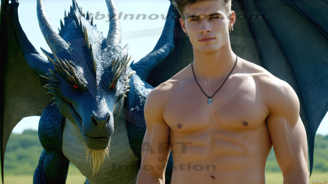 The Dragon Prince - A very attractive shirtless young male prince, with his dragon. The Dragon Prince - A very attractive shirtless young male prince, with a muscular body. Handsome, beautiful facial features, standing next to him a huge dragon, the dragon staring directly at camera, with his piercing eyes, his mouth slightly opened, degerming if we could be a threat.