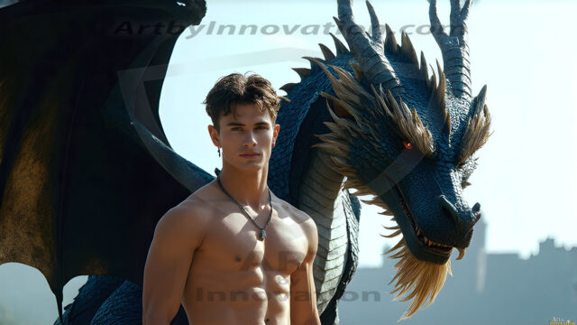The Dragon Prince - A very attractive shirtless young male prince, with his dragon. The Dragon Prince - A very attractive shirtless young male prince, with a muscular body. Handsome, beautiful facial features, standing next to him a huge dragon, the dragon staring directly at camera, with his piercing eyes, his mouth slightly opened, degerming if we could be a threat.