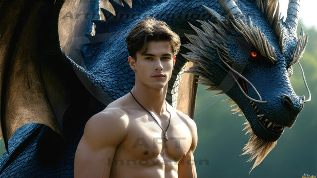 The Dragon Prince - A very attractive shirtless young male prince, with his dragon. The Dragon Prince - A very attractive shirtless young male prince, with a muscular body. Handsome, beautiful facial features, standing next to him a huge dragon, the dragon staring directly at camera, with his piercing eyes, his mouth slightly opened, degerming if we could be a threat.