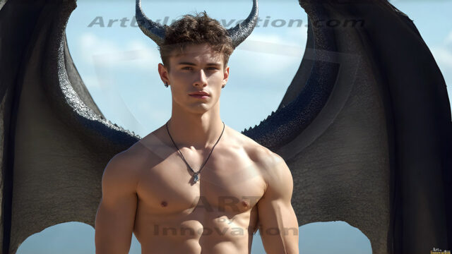 The Dragon Prince - A very attractive shirtless young male prince, with his dragon. The Dragon Prince - A very attractive shirtless young male prince, with a muscular body. Handsome, beautiful facial features, standing next to him a huge dragon, the dragon staring directly at camera, with his piercing eyes, his mouth slightly opened, degerming if we could be a threat.