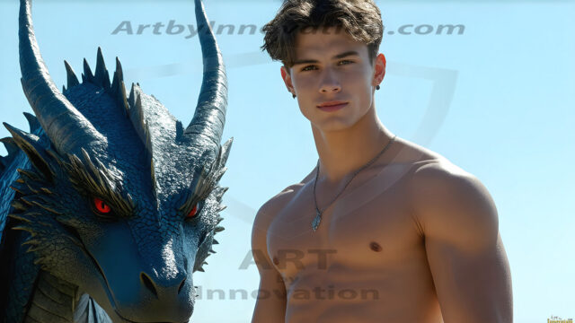 The Dragon Prince - A very attractive shirtless young male prince, with his dragon. The Dragon Prince - A very attractive shirtless young male prince, with a muscular body. Handsome, beautiful facial features, standing next to him a huge dragon, the dragon staring directly at camera, with his piercing eyes, his mouth slightly opened, degerming if we could be a threat.