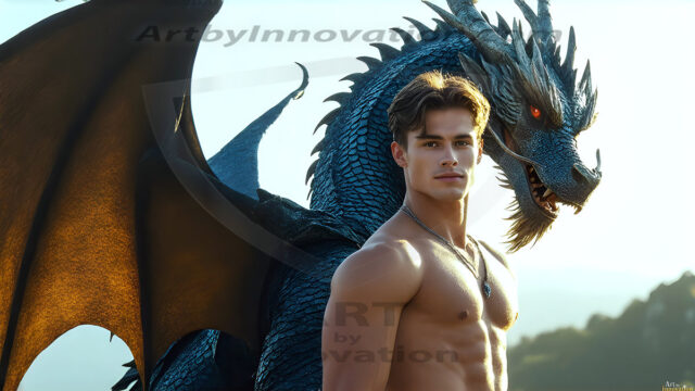 The Dragon Prince - A very attractive shirtless young male prince, with his dragon. The Dragon Prince - A very attractive shirtless young male prince, with a muscular body. Handsome, beautiful facial features, standing next to him a huge dragon, the dragon staring directly at camera, with his piercing eyes, his mouth slightly opened, degerming if we could be a threat.