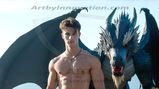 The Dragon Prince - A very attractive shirtless young male prince, with his dragon. The Dragon Prince - A very attractive shirtless young male prince, with a muscular body. Handsome, beautiful facial features, standing next to him a huge dragon, the dragon staring directly at camera, with his piercing eyes, his mouth slightly opened, degerming if we could be a threat.