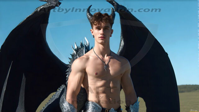The Dragon Prince - A very attractive shirtless young male prince, with his dragon. The Dragon Prince - A very attractive shirtless young male prince, with a muscular body. Handsome, beautiful facial features, standing next to him a huge dragon, the dragon staring directly at camera, with his piercing eyes, his mouth slightly opened, degerming if we could be a threat.