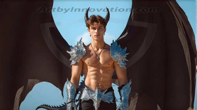 The Dragon Prince - A very attractive shirtless young male prince, with his dragon. The Dragon Prince - A very attractive shirtless young male prince, with a muscular body. Handsome, beautiful facial features, standing next to him a huge dragon, the dragon staring directly at camera, with his piercing eyes, his mouth slightly opened, degerming if we could be a threat.