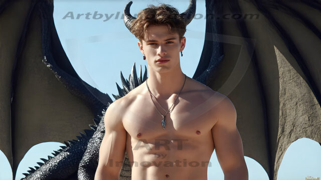 The Dragon Prince - A very attractive shirtless young male prince, with his dragon. The Dragon Prince - A very attractive shirtless young male prince, with a muscular body. Handsome, beautiful facial features, standing next to him a huge dragon, the dragon staring directly at camera, with his piercing eyes, his mouth slightly opened, degerming if we could be a threat.