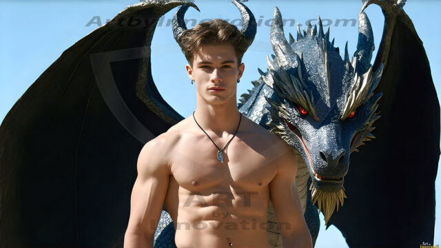 The Dragon Prince - A very attractive shirtless young male prince, with his dragon. The Dragon Prince - A very attractive shirtless young male prince, with a muscular body. Handsome, beautiful facial features, standing next to him a huge dragon, the dragon staring directly at camera, with his piercing eyes, his mouth slightly opened, degerming if we could be a threat.