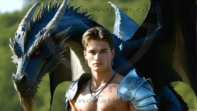 The Dragon Prince - A very attractive shirtless young male prince, with his dragon. The Dragon Prince - A very attractive shirtless young male prince, with a muscular body. Handsome, beautiful facial features, standing next to him a huge dragon, the dragon staring directly at camera, with his piercing eyes, his mouth slightly opened, degerming if we could be a threat.