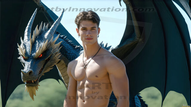 The Dragon Prince - A very attractive shirtless young male prince, with his dragon. The Dragon Prince - A very attractive shirtless young male prince, with a muscular body. Handsome, beautiful facial features, standing next to him a huge dragon, the dragon staring directly at camera, with his piercing eyes, his mouth slightly opened, degerming if we could be a threat.