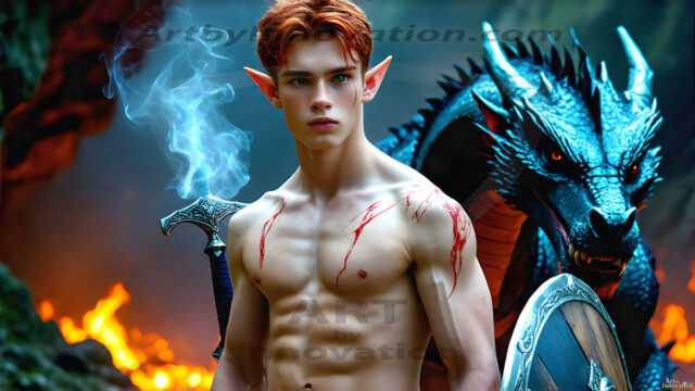 The Dragon Prince - A very attractive shirtless young male prince, with his dragon. The Dragon Prince - A very attractive shirtless young male prince, with a muscular body. Handsome, beautiful facial features, standing next to him a huge dragon, the dragon staring directly at camera, with his piercing eyes, his mouth slightly opened, degerming if we could be a threat.