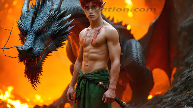 The Dragon Prince - A very attractive shirtless young male prince, with his dragon. The Dragon Prince - A very attractive shirtless young male prince, with a muscular body. Handsome, beautiful facial features, standing next to him a huge dragon, the dragon staring directly at camera, with his piercing eyes, his mouth slightly opened, degerming if we could be a threat.