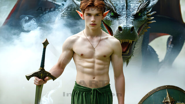 The Dragon Prince - A very attractive shirtless young male prince, with his dragon. The Dragon Prince - A very attractive shirtless young male prince, with a muscular body. Handsome, beautiful facial features, standing next to him a huge dragon, the dragon staring directly at camera, with his piercing eyes, his mouth slightly opened, degerming if we could be a threat.