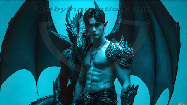 The Dragon Prince - A very attractive shirtless young male prince, with his dragon. The Dragon Prince - A very attractive shirtless young male prince, with a muscular body. Handsome, beautiful facial features, standing next to him a huge dragon, the dragon staring directly at camera, with his piercing eyes, his mouth slightly opened, degerming if we could be a threat.