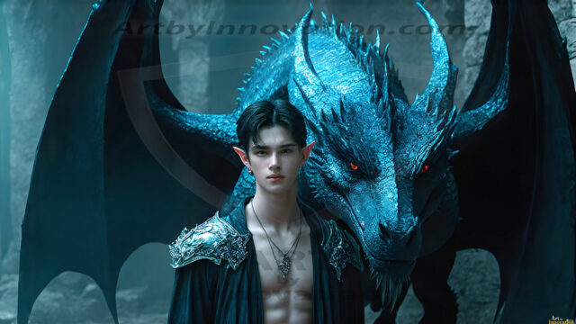 The Dragon Prince - A very attractive shirtless young male prince, with his dragon. The Dragon Prince - A very attractive shirtless young male prince, with a muscular body. Handsome, beautiful facial features, standing next to him a huge dragon, the dragon staring directly at camera, with his piercing eyes, his mouth slightly opened, degerming if we could be a threat.