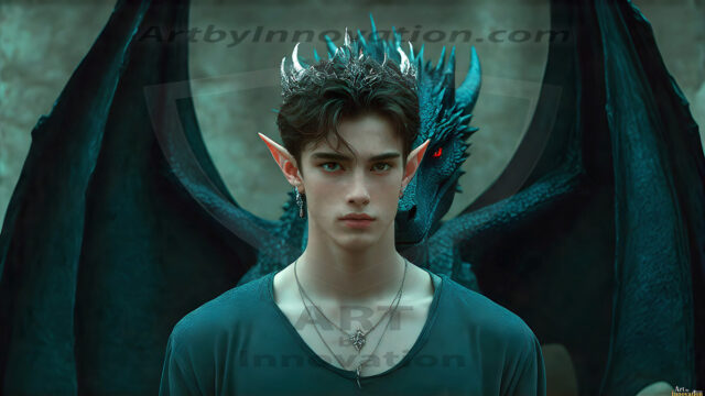 The Dragon Prince - A very attractive shirtless young male prince, with his dragon. The Dragon Prince - A very attractive shirtless young male prince, with a muscular body. Handsome, beautiful facial features, standing next to him a huge dragon, the dragon staring directly at camera, with his piercing eyes, his mouth slightly opened, degerming if we could be a threat.