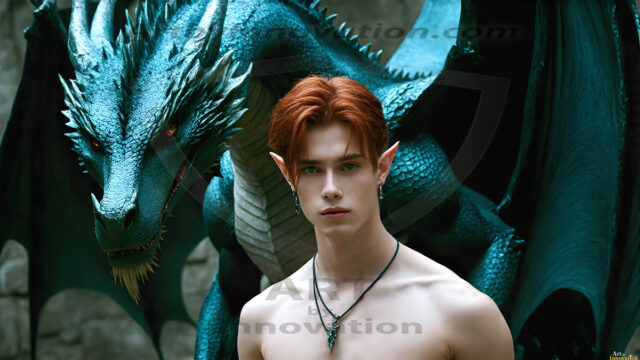 The Dragon Prince - A very attractive shirtless young male prince, with his dragon. The Dragon Prince - A very attractive shirtless young male prince, with a muscular body. Handsome, beautiful facial features, standing next to him a huge dragon, the dragon staring directly at camera, with his piercing eyes, his mouth slightly opened, degerming if we could be a threat.
