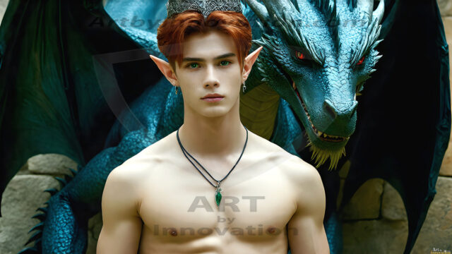The Dragon Prince - A very attractive shirtless young male prince, with his dragon. The Dragon Prince - A very attractive shirtless young male prince, with a muscular body. Handsome, beautiful facial features, standing next to him a huge dragon, the dragon staring directly at camera, with his piercing eyes, his mouth slightly opened, degerming if we could be a threat.