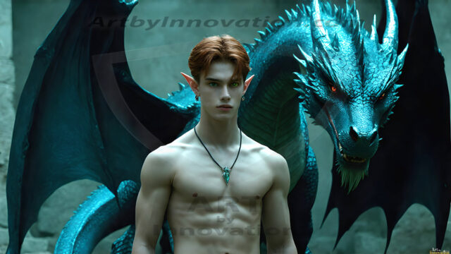 The Dragon Prince - A very attractive shirtless young male prince, with his dragon. The Dragon Prince - A very attractive shirtless young male prince, with a muscular body. Handsome, beautiful facial features, standing next to him a huge dragon, the dragon staring directly at camera, with his piercing eyes, his mouth slightly opened, degerming if we could be a threat.
