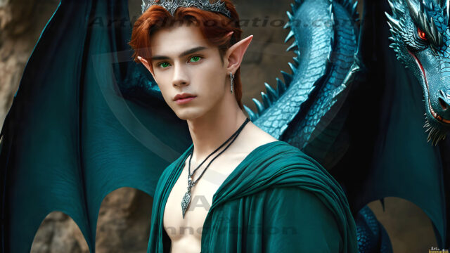The Dragon Prince - A very attractive shirtless young male prince, with his dragon. The Dragon Prince - A very attractive shirtless young male prince, with a muscular body. Handsome, beautiful facial features, standing next to him a huge dragon, the dragon staring directly at camera, with his piercing eyes, his mouth slightly opened, degerming if we could be a threat.