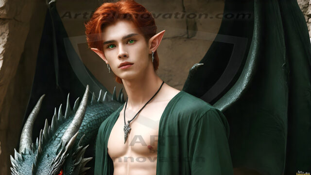 The Dragon Prince - A very attractive shirtless young male prince, with his dragon. The Dragon Prince - A very attractive shirtless young male prince, with a muscular body. Handsome, beautiful facial features, standing next to him a huge dragon, the dragon staring directly at camera, with his piercing eyes, his mouth slightly opened, degerming if we could be a threat.