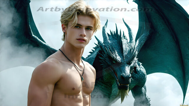 The Dragon Prince - A very attractive shirtless young male prince, with his dragon. The Dragon Prince - A very attractive shirtless young male prince, with a muscular body. Handsome, beautiful facial features, standing next to him a huge dragon, the dragon staring directly at camera, with his piercing eyes, his mouth slightly opened, degerming if we could be a threat.