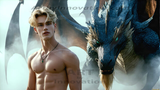 The Dragon Prince - A very attractive shirtless young male prince, with his dragon. The Dragon Prince - A very attractive shirtless young male prince, with a muscular body. Handsome, beautiful facial features, standing next to him a huge dragon, the dragon staring directly at camera, with his piercing eyes, his mouth slightly opened, degerming if we could be a threat.