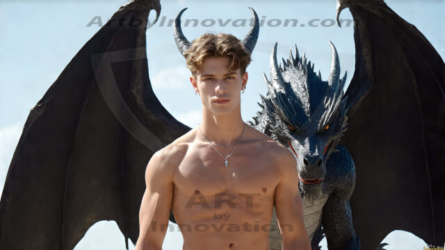 The Dragon Prince - A very attractive shirtless young male prince, with his dragon. The Dragon Prince - A very attractive shirtless young male prince, with a muscular body. Handsome, beautiful facial features, standing next to him a huge dragon, the dragon staring directly at camera, with his piercing eyes, his mouth slightly opened, degerming if we could be a threat.