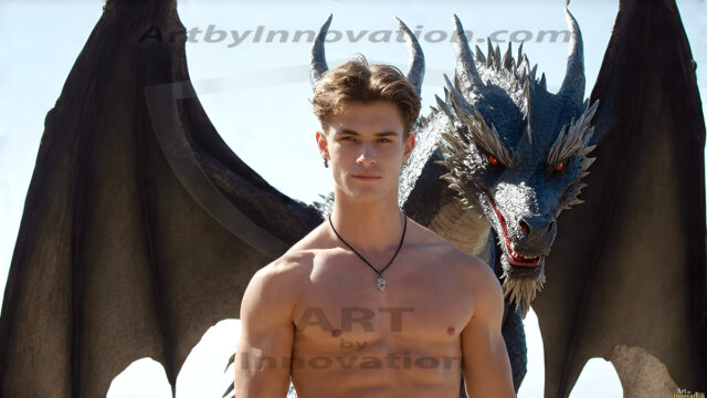 The Dragon Prince - A very attractive shirtless young male prince, with his dragon. The Dragon Prince - A very attractive shirtless young male prince, with a muscular body. Handsome, beautiful facial features, standing next to him a huge dragon, the dragon staring directly at camera, with his piercing eyes, his mouth slightly opened, degerming if we could be a threat.