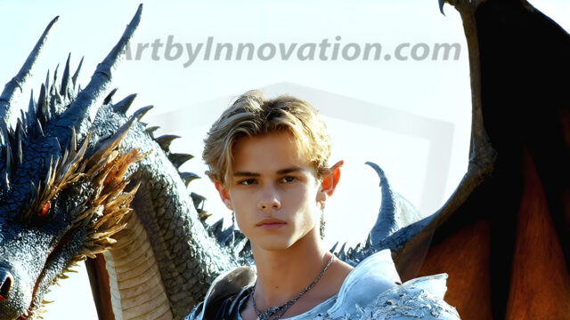 The Dragon Prince - A very attractive shirtless young male prince, with his dragon. The Dragon Prince - A very attractive shirtless young male prince, with a muscular body. Handsome, beautiful facial features, standing next to him a huge dragon, the dragon staring directly at camera, with his piercing eyes, his mouth slightly opened, degerming if we could be a threat.