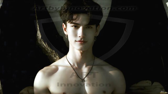 The Dragon Prince - A very attractive shirtless young male prince, with his dragon. The Dragon Prince - A very attractive shirtless young male prince, with a muscular body. Handsome, beautiful facial features, standing next to him a huge dragon, the dragon staring directly at camera, with his piercing eyes, his mouth slightly opened, degerming if we could be a threat.