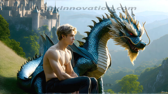 The Dragon Prince - A very attractive shirtless young male prince, with his dragon. The Dragon Prince - A very attractive shirtless young male prince, with a muscular body. Handsome, beautiful facial features, standing next to him a huge dragon, the dragon staring directly at camera, with his piercing eyes, his mouth slightly opened, degerming if we could be a threat.