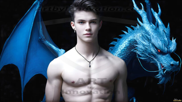 The Dragon Prince - A very attractive shirtless young male prince, with his dragon. The Dragon Prince - A very attractive shirtless young male prince, with a muscular body. Handsome, beautiful facial features, standing next to him a huge dragon, the dragon staring directly at camera, with his piercing eyes, his mouth slightly opened, degerming if we could be a threat.