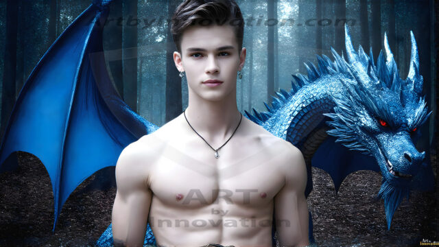 The Dragon Prince - A very attractive shirtless young male prince, with his dragon. The Dragon Prince - A very attractive shirtless young male prince, with a muscular body. Handsome, beautiful facial features, standing next to him a huge dragon, the dragon staring directly at camera, with his piercing eyes, his mouth slightly opened, degerming if we could be a threat.