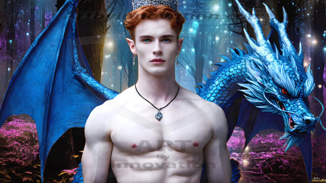 The Dragon Prince - A very attractive shirtless young male prince, with his dragon. The Dragon Prince - A very attractive shirtless young male prince, with a muscular body. Handsome, beautiful facial features, standing next to him a huge dragon, the dragon staring directly at camera, with his piercing eyes, his mouth slightly opened, degerming if we could be a threat.