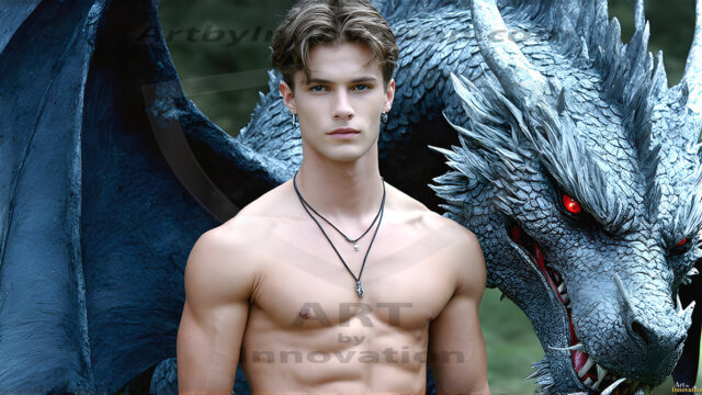 The Dragon Prince - A very attractive shirtless young male prince, with his dragon. The Dragon Prince - A very attractive shirtless young male prince, with a muscular body. Handsome, beautiful facial features, standing next to him a huge dragon, the dragon staring directly at camera, with his piercing eyes, his mouth slightly opened, degerming if we could be a threat.