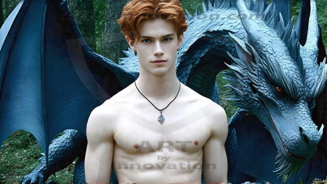 The Dragon Prince - A very attractive shirtless young male prince, with his dragon. The Dragon Prince - A very attractive shirtless young male prince, with a muscular body. Handsome, beautiful facial features, standing next to him a huge dragon, the dragon staring directly at camera, with his piercing eyes, his mouth slightly opened, degerming if we could be a threat.