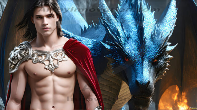 The Dragon Prince - A very attractive shirtless young male prince, with his dragon. The Dragon Prince - A very attractive shirtless young male prince, with a muscular body. Handsome, beautiful facial features, standing next to him a huge dragon, the dragon staring directly at camera, with his piercing eyes, his mouth slightly opened, degerming if we could be a threat.