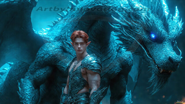 The Dragon Prince - A very attractive shirtless young male prince, with his dragon. The Dragon Prince - A very attractive shirtless young male prince, with a muscular body. Handsome, beautiful facial features, standing next to him a huge dragon, the dragon staring directly at camera, with his piercing eyes, his mouth slightly opened, degerming if we could be a threat.