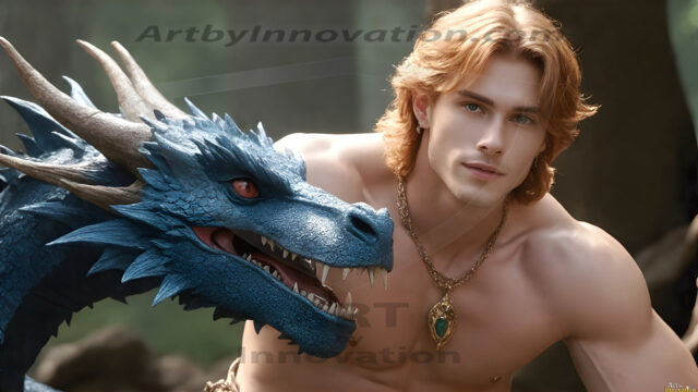 The Dragon Prince - A very attractive shirtless young male prince, with his dragon. The Dragon Prince - A very attractive shirtless young male prince, with a muscular body. Handsome, beautiful facial features, standing next to him a huge dragon, the dragon staring directly at camera, with his piercing eyes, his mouth slightly opened, degerming if we could be a threat.