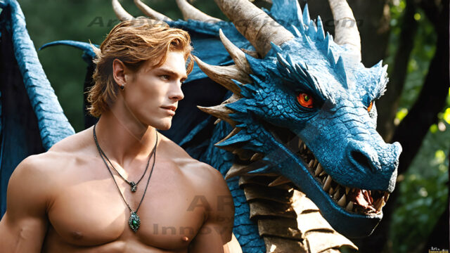 The Dragon Prince - A very attractive shirtless young male prince, with his dragon. The Dragon Prince - A very attractive shirtless young male prince, with a muscular body. Handsome, beautiful facial features, standing next to him a huge dragon, the dragon staring directly at camera, with his piercing eyes, his mouth slightly opened, degerming if we could be a threat.