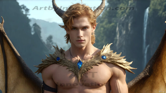 The Dragon Prince - A very attractive shirtless young male prince, with his dragon. The Dragon Prince - A very attractive shirtless young male prince, with a muscular body. Handsome, beautiful facial features, standing next to him a huge dragon, the dragon staring directly at camera, with his piercing eyes, his mouth slightly opened, degerming if we could be a threat.