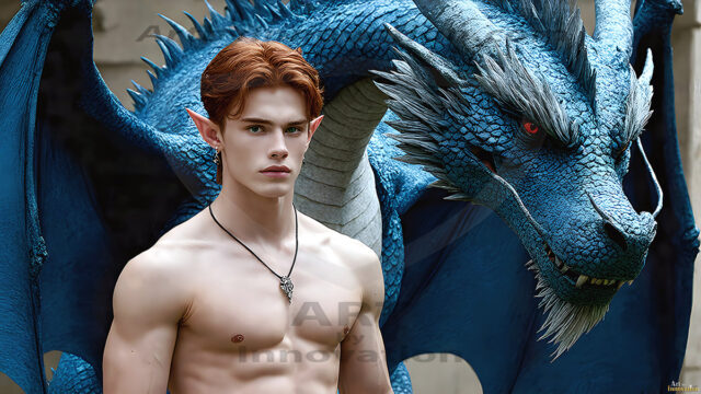 The Dragon Prince - A very attractive shirtless young male prince, with his dragon. The Dragon Prince - A very attractive shirtless young male prince, with a muscular body. Handsome, beautiful facial features, standing next to him a huge dragon, the dragon staring directly at camera, with his piercing eyes, his mouth slightly opened, degerming if we could be a threat.