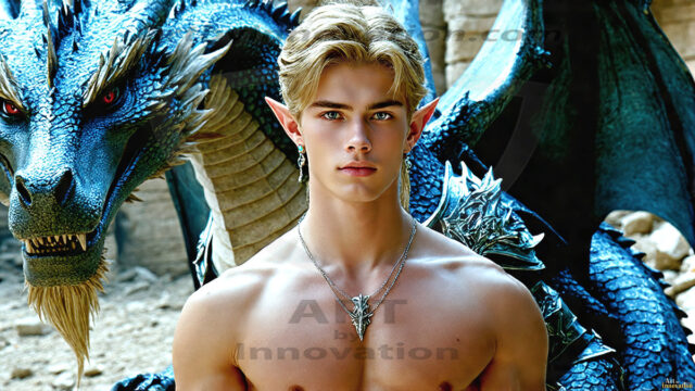 The Dragon Prince - A very attractive shirtless young male prince, with his dragon. The Dragon Prince - A very attractive shirtless young male prince, with a muscular body. Handsome, beautiful facial features, standing next to him a huge dragon, the dragon staring directly at camera, with his piercing eyes, his mouth slightly opened, degerming if we could be a threat.