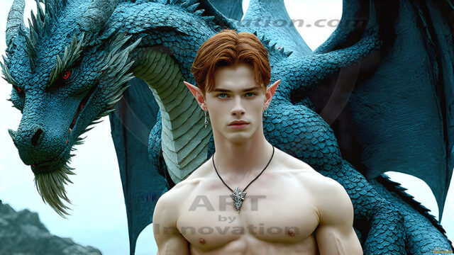 The Dragon Prince - A very attractive shirtless young male prince, with his dragon. The Dragon Prince - A very attractive shirtless young male prince, with a muscular body. Handsome, beautiful facial features, standing next to him a huge dragon, the dragon staring directly at camera, with his piercing eyes, his mouth slightly opened, degerming if we could be a threat.
