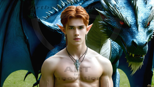 The Dragon Prince - A very attractive shirtless young male prince, with his dragon. The Dragon Prince - A very attractive shirtless young male prince, with a muscular body. Handsome, beautiful facial features, standing next to him a huge dragon, the dragon staring directly at camera, with his piercing eyes, his mouth slightly opened, degerming if we could be a threat.