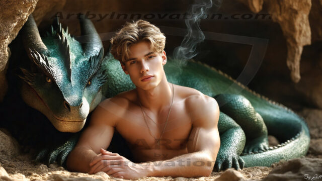 The Dragon Prince - A very attractive shirtless young male prince, with his dragon. The Dragon Prince - A very attractive shirtless young male prince, with a muscular body. Handsome, beautiful facial features, standing next to him a huge dragon, the dragon staring directly at camera, with his piercing eyes, his mouth slightly opened, degerming if we could be a threat.