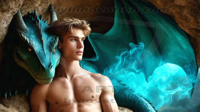 The Dragon Prince - A very attractive shirtless young male prince, with his dragon. The Dragon Prince - A very attractive shirtless young male prince, with a muscular body. Handsome, beautiful facial features, standing next to him a huge dragon, the dragon staring directly at camera, with his piercing eyes, his mouth slightly opened, degerming if we could be a threat.