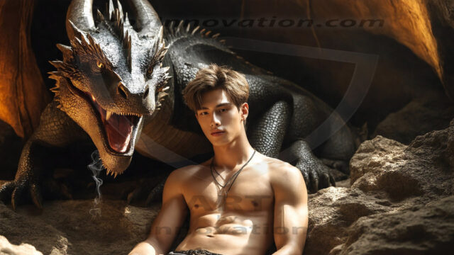 The Dragon Prince - A very attractive shirtless young male prince, with his dragon. The Dragon Prince - A very attractive shirtless young male prince, with a muscular body. Handsome, beautiful facial features, standing next to him a huge dragon, the dragon staring directly at camera, with his piercing eyes, his mouth slightly opened, degerming if we could be a threat.