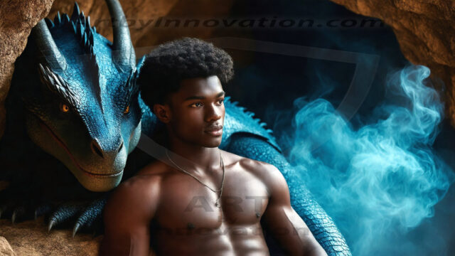 The Dragon Prince - A very attractive shirtless young male prince, with his dragon. The Dragon Prince - A very attractive shirtless young male prince, with a muscular body. Handsome, beautiful facial features, standing next to him a huge dragon, the dragon staring directly at camera, with his piercing eyes, his mouth slightly opened, degerming if we could be a threat.